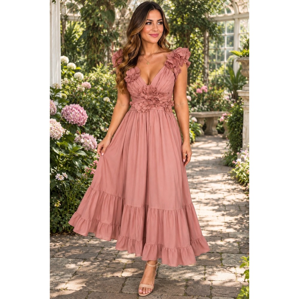 Storia Maxi Dress Womens M Pink Floral Ruffle V Neck Backless Cottagecore Boho